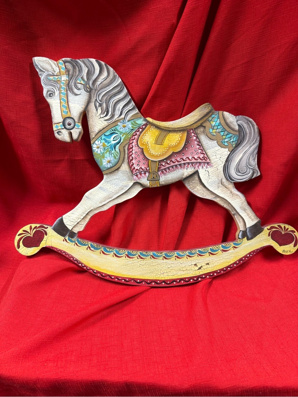 Vintage Decorative Painted Rocking Horse Wall Folk  Art Nursery Wall Hanging